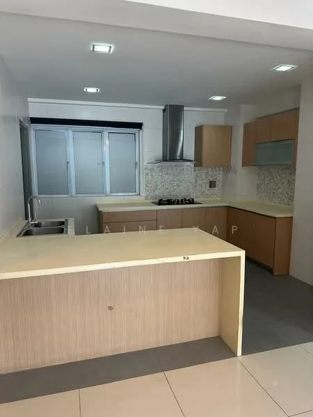Kitchen features: single-bowl stainless-steel sink, chrome pull-down faucet, granite countertop, wood cabinetry, built-in oven, 4-burner gas hob, exhaust hood, white tiled backsplash, grey tile flooring, window with blinds, open layout with breakfast bar; style: modern.