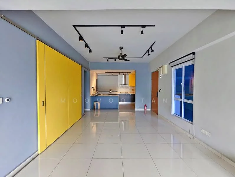 Living features: white tiled flooring, blue painted walls, yellow sliding door, track lighting, ceiling fan, floor-to-ceiling windows, open layout to kitchen, wall-mounted air conditioning unit; style: modern; view: city. Kitchen features: kitchen island, stainless-steel sink, built-in oven, stainless-steel range hood, white cabinetry, countertop with bar seating, recessed lighting; style: modern.