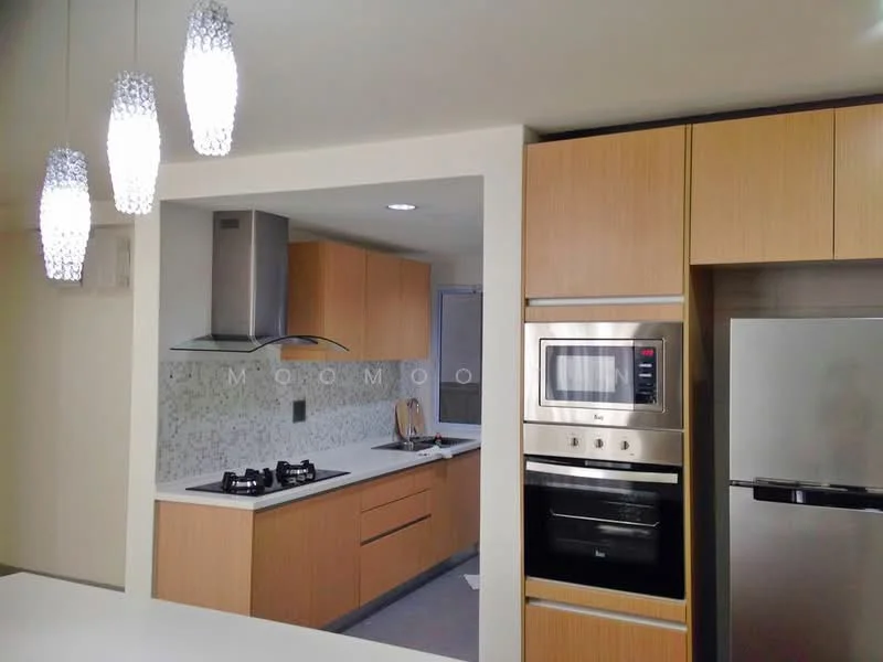 Kitchen features: wood cabinetry, white quartz countertop, stainless-steel built-in oven, stainless-steel microwave, stainless-steel fridge, 4-burner gas hob, stainless-steel range hood, mosaic tile backsplash, pendant lighting, single-bowl stainless-steel sink, chrome pull-down faucet; style: modern.