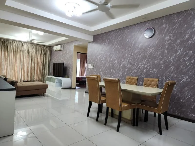 Living features: cream painted walls, grey accent wall, white ceiling with recessed lighting, 5-blade ceiling fan, large floor-to-ceiling windows with sheer curtains, white tiled flooring, sofa in beige fabric, coffee table, TV console, wall-mounted TV, decorative wall clock, area rug with geometric pattern; style: modern. Dining features: 6-seater dining table with glass top, brown upholstered dining chairs, decorative wall mirror, white cabinetry, open layout to living area; style: modern.