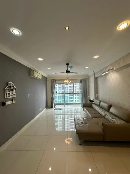 Living features: cream leather sectional sofa, 5-blade ceiling fan with light, recessed downlights, grey accent wall, white painted walls, glossy white tile flooring, floor-to-ceiling windows, curtains, air conditioning unit; style: modern; view: city.