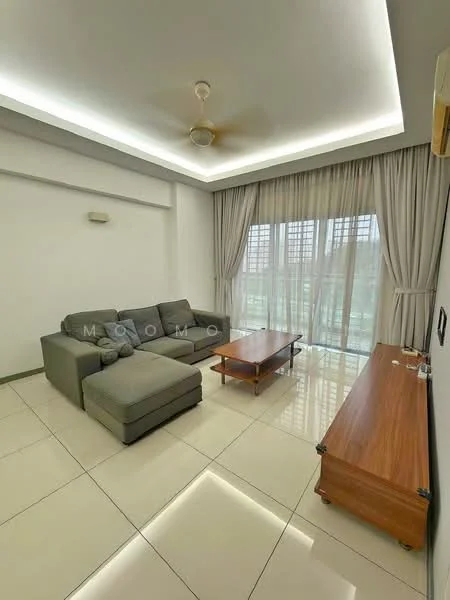 Living features: L-shape sectional sofa in grey, coffee table, TV console, wall-mounted TV, floor-to-ceiling windows, sheer curtains, recessed downlights, ceiling fan, glossy tile flooring, white painted walls, decorative wall paneling; style: modern; view: city.