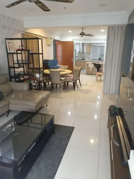 Living features: 3-seater leather sofa in beige, coffee table, area rug with geometric pattern, wall-mounted TV, TV console, ceiling fan, recessed downlights, cream painted walls, porcelain tile flooring; style: modern. Dining features: 6-seater dining table, upholstered dining chairs, wooden dining table, decorative wall paneling; style: modern. Kitchen features: kitchen cabinets, countertop, built-in oven, stainless-steel sink, refrigerator, ceramic tile backsplash; style: modern.
