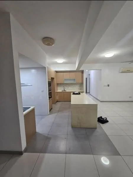 Kitchen features: light wood cabinetry, white countertop, stainless-steel sink, built-in oven, 4-burner gas hob, exhaust hood, grey tile flooring, recessed downlights, open layout, island counter, wall-mounted split AC; style: modern.