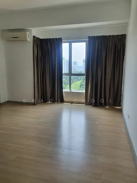 Room features: light wood laminate flooring, white painted walls, floor-to-ceiling window, brown curtains, 1 wall-mounted split AC; style: modern; view: city.