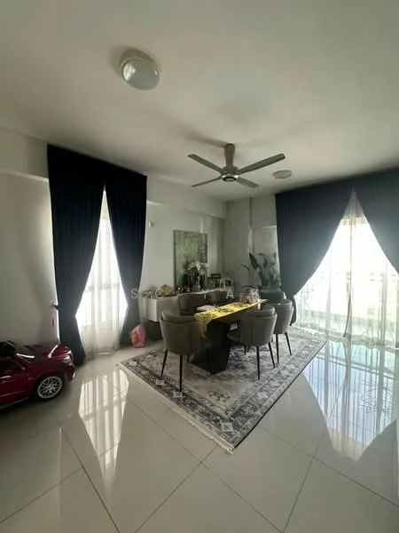 Dining features: dining table with yellow table runner, upholstered dining chairs, 5-blade ceiling fan, floor-to-ceiling windows, sheer curtains, blackout curtains, large area rug with geometric pattern, decorative wall art, white painted walls, glossy tile flooring, potted plants, toy car in corner; style: modern; view: city.