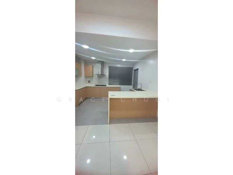 Kitchen features: white cabinets, light wood cabinetry, marble countertop, stainless-steel sink, chrome pull-down faucet, built-in oven, 4-burner gas hob, exhaust hood, grey tile backsplash, recessed LED downlights, large window, ceramic tile flooring; style: modern.
