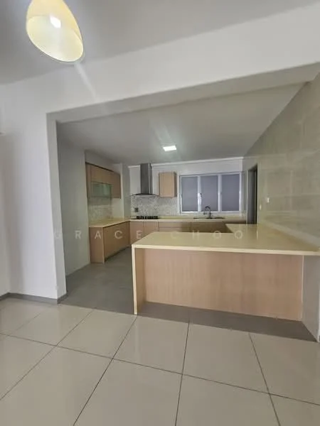 Kitchen features: light-colored cabinetry, laminate countertop, stainless-steel sink, chrome pull-down faucet, ceramic tile flooring, wall-mounted cabinets, backlit countertop, open layout, grey tiled backsplash, built-in oven, recessed downlights; style: modern.
