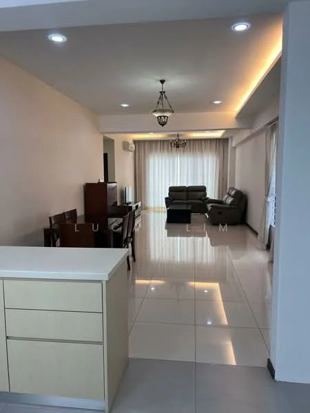 Living features: cream painted walls, glossy tile flooring, recessed downlights, 2-seater leather sofa in grey, 3-seater fabric sofa in beige, dining table for 6, wooden dining chairs, TV console, floor-to-ceiling windows with sheer curtains, decorative pendant lights; style: modern. Kitchen features: laminate cabinetry, white countertop, open layout to living area; style: modern.