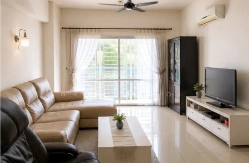 Living features: 3-seater leather sofa in beige, 2-seater leather sofa in black, coffee table in white, TV console in white, wall-mounted TV, floor-to-ceiling windows, sheer curtains, recessed downlights, ceiling fan, polished tile flooring, decorative plant in ceramic pot, wall sconce; style: modern; view: garden.