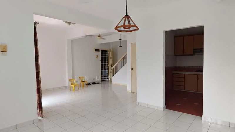 Living features: white painted walls, ceramic tile flooring, ceiling fan, hanging pendant light, large windows, open layout, doorway to kitchen, staircase visible. Kitchen features: red tile flooring, wood cabinetry, countertop, wall-mounted cabinets, open layout to living area.