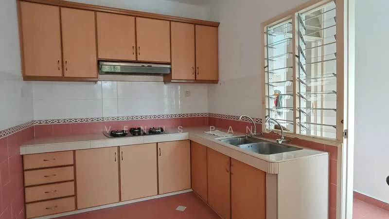 Kitchen features: laminate cabinetry in light wood, white tiled backsplash, double-bowl stainless-steel sink, chrome pull-down faucet, built-in gas stove with 2 burners, white countertop, pink ceramic tile flooring, window with security bars, open shelving, wall-mounted range hood; style: modern.