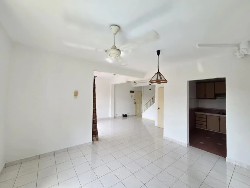 Living features: white painted walls, ceramic tile flooring, 5-blade ceiling fan, pendant light, open layout, large windows, neutral color scheme, doorway leading to another room; style: modern. Kitchen features: brown cabinetry, ceramic tile flooring, countertop, built-in appliances, open layout to living area; style: modern.