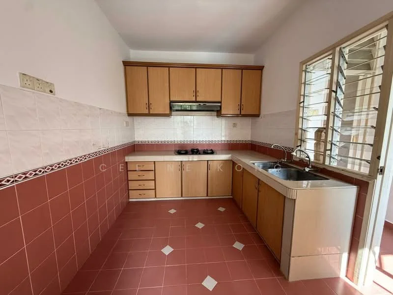 Kitchen features: brown wooden cabinetry, white tiled backsplash, red tiled walls, red tile flooring, double-bowl stainless-steel sink, chrome pull-down faucet, built-in gas hob, exhaust hood, window with metal grilles, countertop with storage underneath; style: traditional.