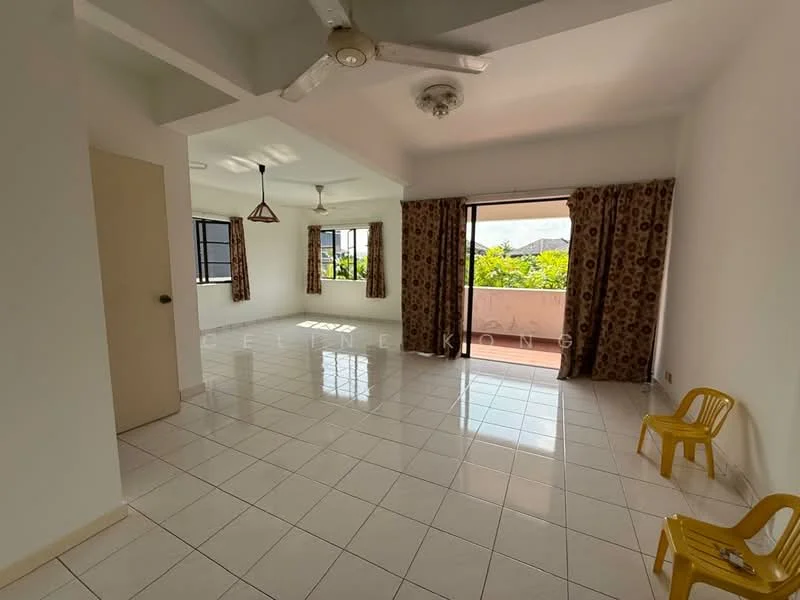 Living features: white painted walls, glossy ceramic tile flooring, tray ceiling with ceiling fan, two ceiling fans, large sliding glass door, curtains with floral pattern, two yellow plastic chairs, natural light from windows, view of greenery; view: garden.