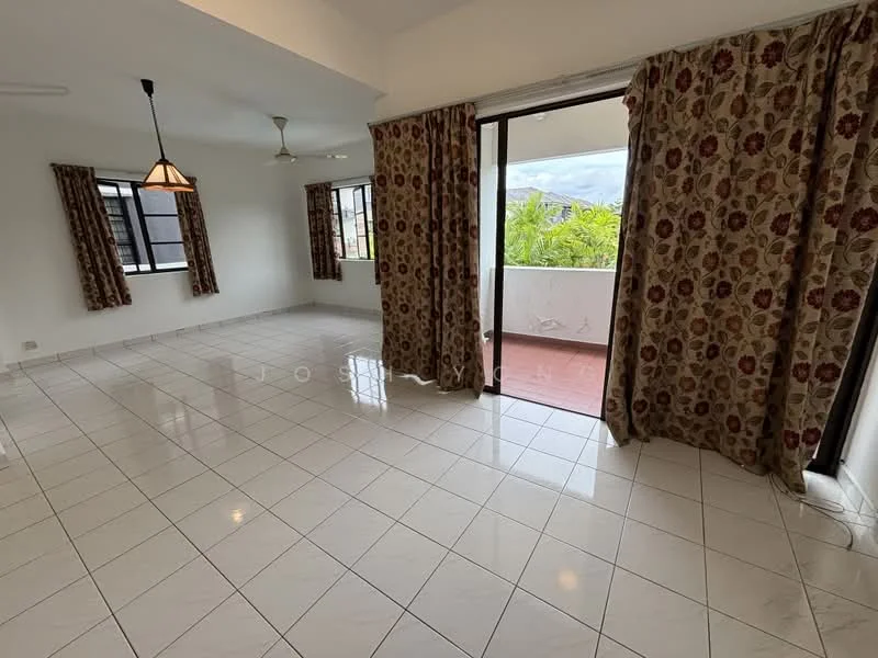 Living features: white painted walls, glossy ceramic tile flooring, 5-blade ceiling fan, pendant lamp, floor-to-ceiling windows, sliding glass door, curtains with floral pattern, access to balcony, natural light, open layout; style: modern; view: garden.