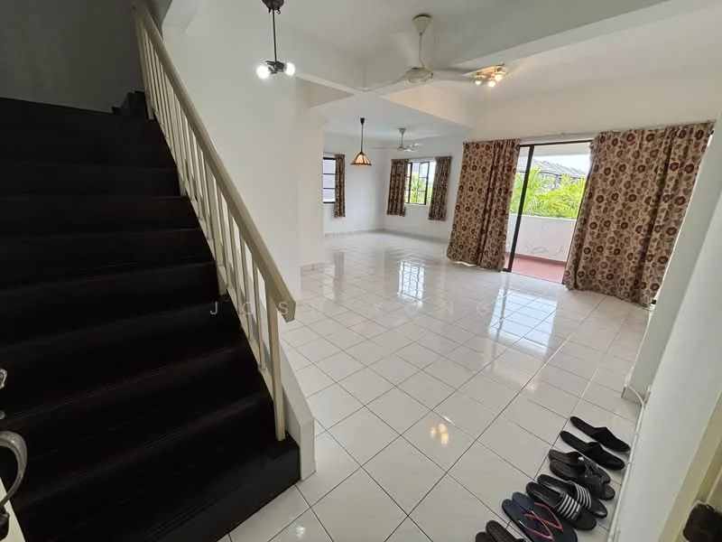 Living features: white painted walls, glossy ceramic tile flooring, ceiling fan, recessed downlights, large windows with curtains, sliding glass door, balcony access, decorative pendant light, open layout, neutral color scheme; style: modern; view: garden. Hallway features: black wooden staircase, white railing, natural light from windows; style: modern.