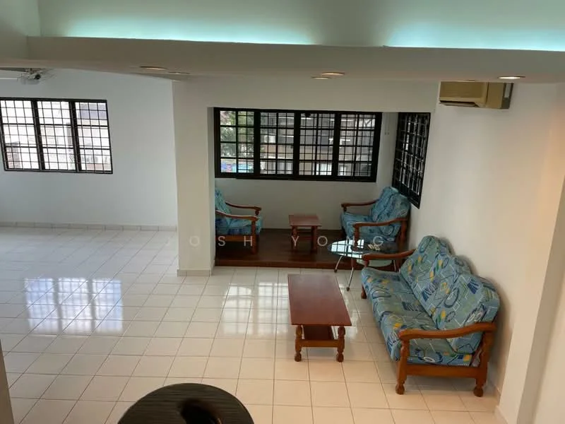 Living features: white painted walls, ceramic tile flooring, 5-blade ceiling fan, floor-to-ceiling windows, two 3-seater sofas with floral pattern upholstery, wooden coffee table, air conditioning unit, natural light from windows; style: modern; view: garden.