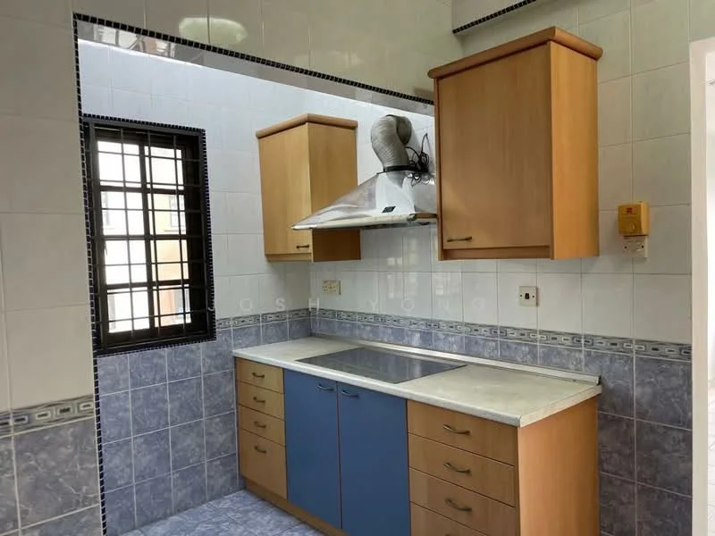 Kitchen features: blue and wood cabinetry, stainless-steel sink, chrome range hood, white tiled walls, blue tiled backsplash, grey tiled flooring, window with black grille, countertop with integrated sink; style: modern.