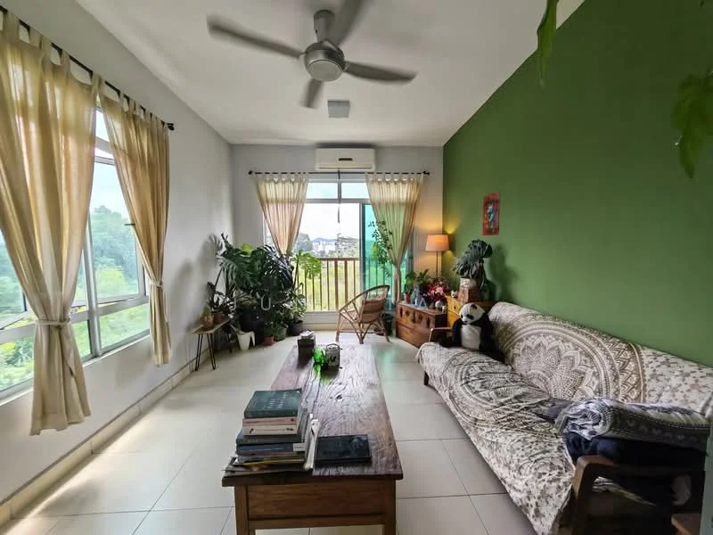 Living features: green accent wall, white painted walls, floor-to-ceiling windows, sheer curtains, 5-blade ceiling fan, sofa with patterned upholstery, wooden coffee table, decorative plants, table lamp, wooden chair, books on the table, tile flooring; style: modern; view: garden.