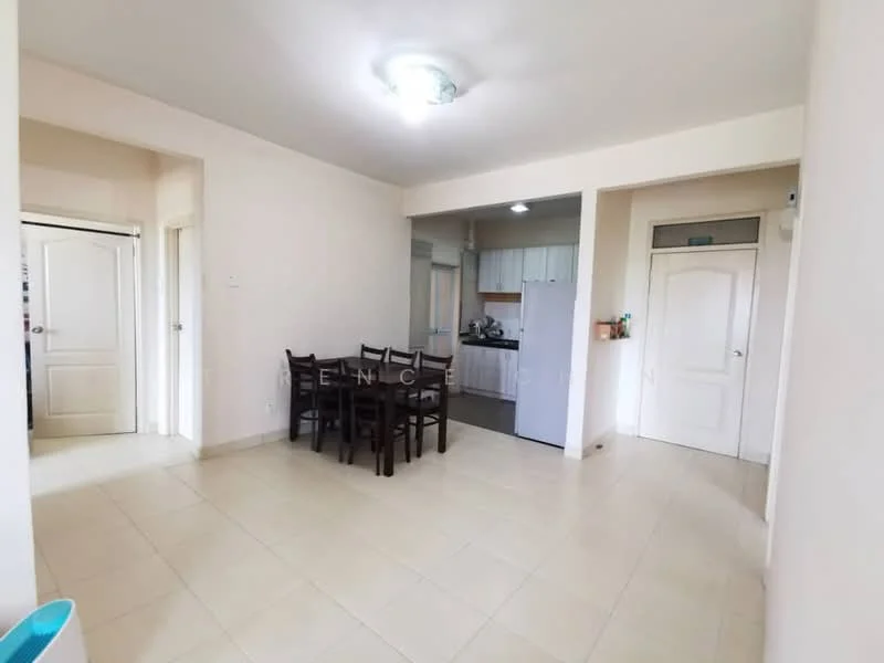 Dining features: tile flooring, white painted walls, ceiling light fixture, dining table with four chairs, open layout to kitchen, doorway to hallway, doorway to another room; style: modern. Kitchen features: tile flooring, white cabinetry, stainless-steel fridge, built-in stove, countertop space, open layout to dining area; style: modern.