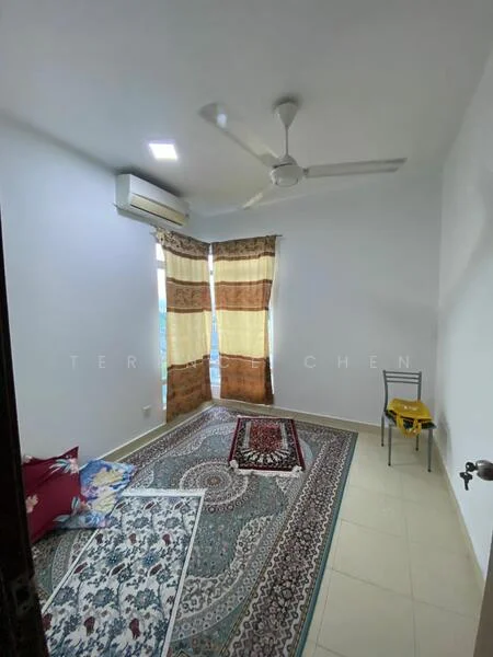 Bedroom features: white painted walls, ceiling fan, 1 wall-mounted split AC, floor-to-ceiling windows with sheer curtains, tiled flooring, area rug with geometric pattern, decorative wall art, small chair.