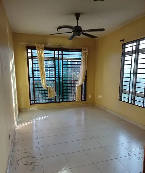Room features: yellow painted walls, white tiled flooring, 5-blade ceiling fan, floor-to-ceiling windows, sheer curtains, sliding windows, balcony access, natural light.