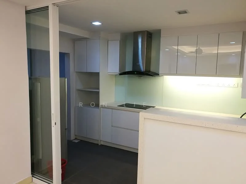 Kitchen features: white cabinetry, black countertop, stainless-steel range hood, built-in oven, 4-burner gas hob, single-bowl stainless-steel sink, chrome pull-down faucet, glass backsplash, recessed downlights, grey tile flooring, open shelving, fridge, wall-mounted cabinets; style: modern.