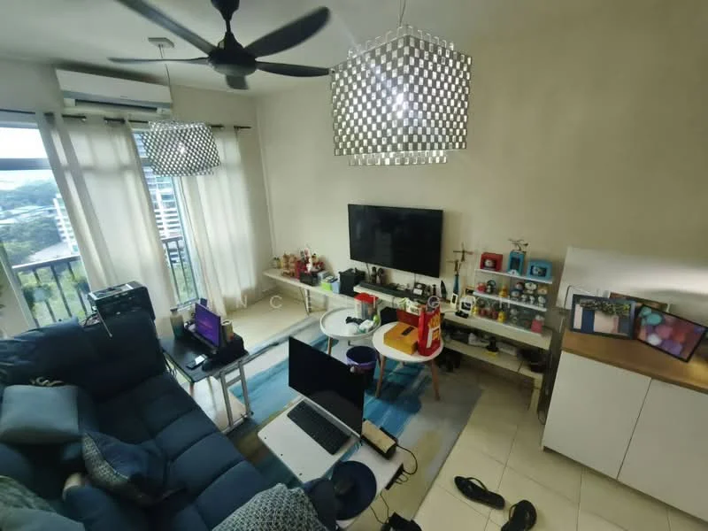 Living features: blue fabric sectional sofa, coffee table, TV console, wall-mounted TV, area rug, 2 pendant lights, ceiling fan with light, floor-to-ceiling windows with sheer curtains, decorative items on shelves, light-colored walls, tile flooring; style: modern; view: city.