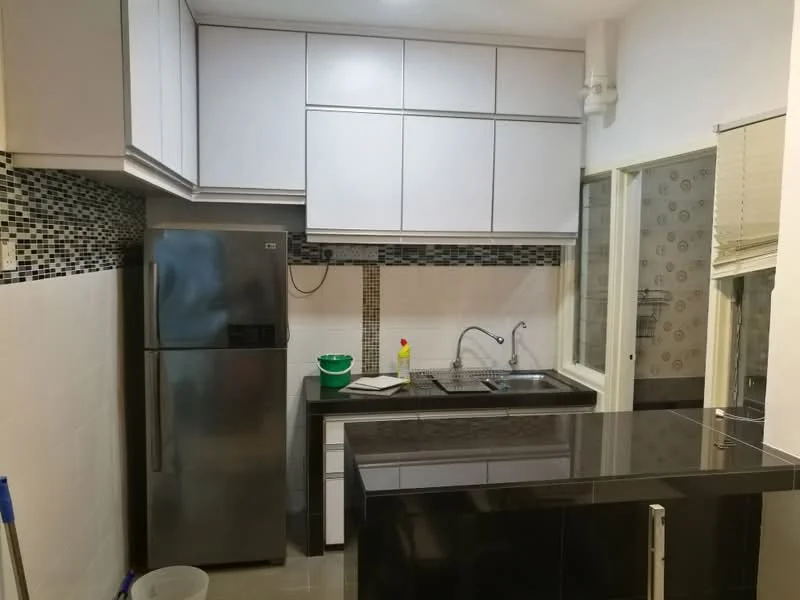 Kitchen features: stainless-steel fridge, double-bowl stainless-steel sink, chrome pull-down faucet, black granite countertop, white shaker cabinets, black and white mosaic tile backsplash, built-in oven, ceramic tile flooring, recessed downlights, window with blinds; style: modern.