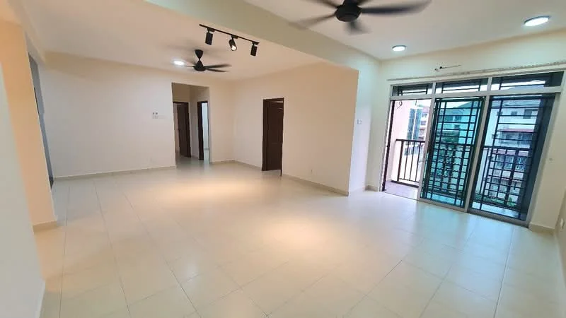 Living features: light-colored painted walls, cream tiled flooring, 5-blade ceiling fan with light, recessed downlights, floor-to-ceiling windows, sliding glass door, balcony access, open layout, neutral color scheme; style: modern; view: city.