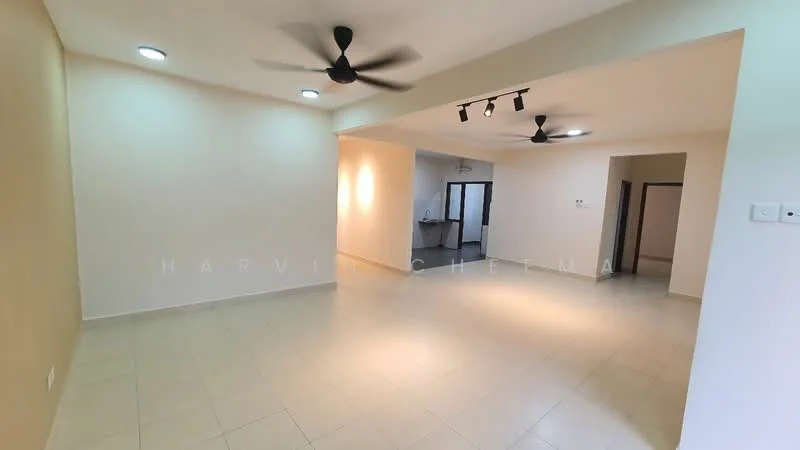 Living features: cream painted walls, tile flooring, 2 ceiling fans, recessed downlights, track lighting, open layout, large space, neutral color scheme; style: modern.