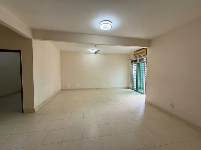 Living features: white painted walls, tile flooring, ceiling fan, large sliding glass door, natural light from window, air conditioning unit, neutral color scheme, open layout; style: modern; view: garden.