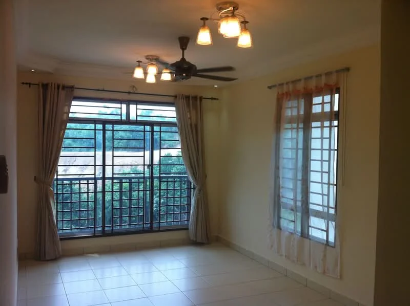 Living features: white painted walls, cream tiled flooring, 5-blade ceiling fan with light, recessed downlights, floor-to-ceiling windows, sliding glass door, sheer curtains, blackout curtains, balcony view, decorative wall molding; style: modern; view: garden.