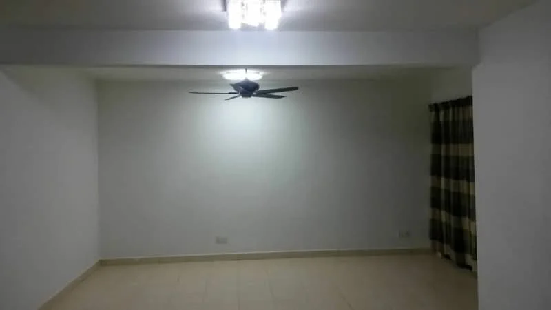 Living features: white painted walls, tile flooring, 5-blade ceiling fan, recessed ceiling lights, curtains with checkered pattern.