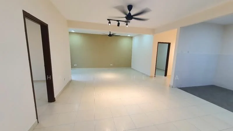 Room features: white painted walls, cream accent wall, tile flooring, 5-blade ceiling fan, recessed downlights, doorway to adjacent room, open layout, natural light from windows; style: modern.