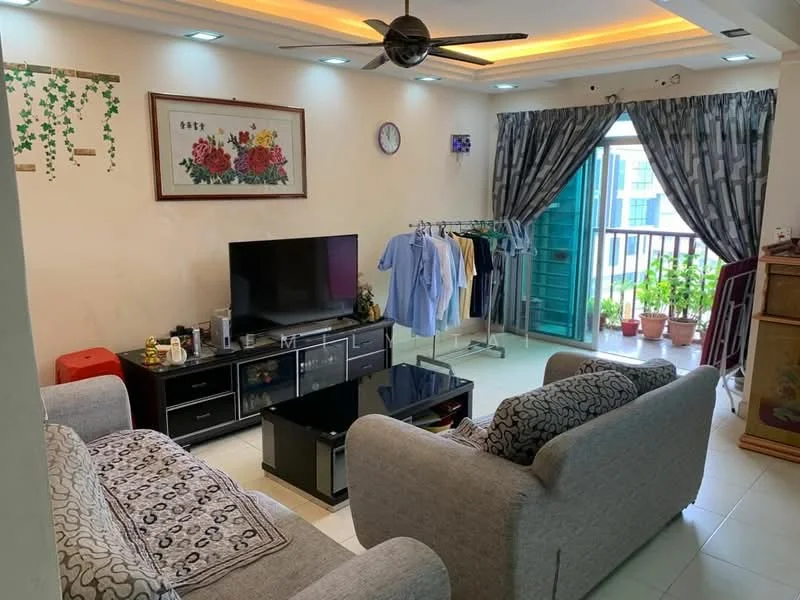 Living features: 2-seater fabric sofa in light grey, 3-seater fabric sofa in light grey, black coffee table, wall-mounted TV, TV console with storage, ceiling fan with light, recessed lighting, decorative wall art, curtains with floral pattern, sliding glass door, balcony view with potted plants, white tiled flooring, wall clock; style: modern; view: garden.