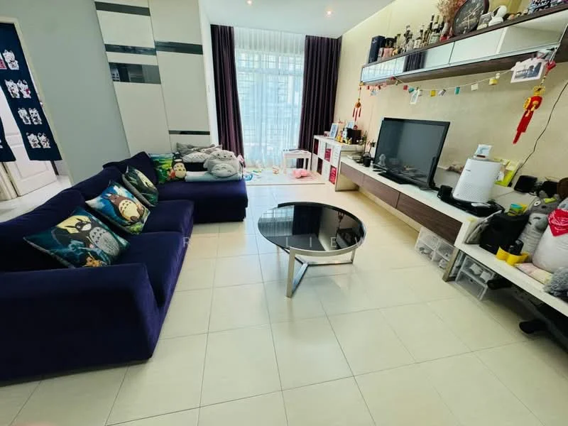 Living features: purple fabric sofa, glass coffee table with metal legs, wall-mounted TV, TV console with storage, decorative items on shelves, floor-to-ceiling windows with sheer curtains, light-colored tiled flooring, wall with light-colored paneling, dark purple curtains, decorative cushions with patterns; style: modern.