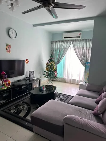 Living features: 3-seater L-shape sectional sofa in light purple, round coffee table with black surface, wall-mounted TV, black TV console, area rug with geometric pattern, floor-to-ceiling windows with sheer curtains, wall-mounted split AC, decorative wall clock, Christmas tree, framed artwork on wall, light fixture with multiple bulbs, cream painted walls, tile flooring; style: modern.