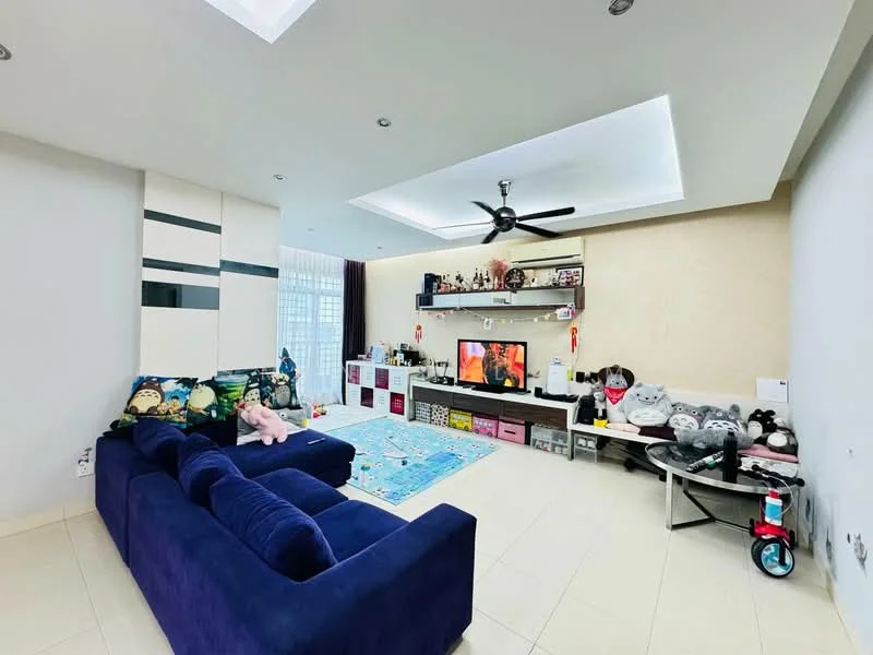 Living features: blue fabric sofa, coffee table, wall-mounted TV, TV console, area rug with geometric pattern, ceiling fan with light, recessed ceiling with lighting, decorative shelves, various plush toys, decorative items on shelves, large windows with sheer curtains, cream painted walls, light-colored tile flooring; style: modern.