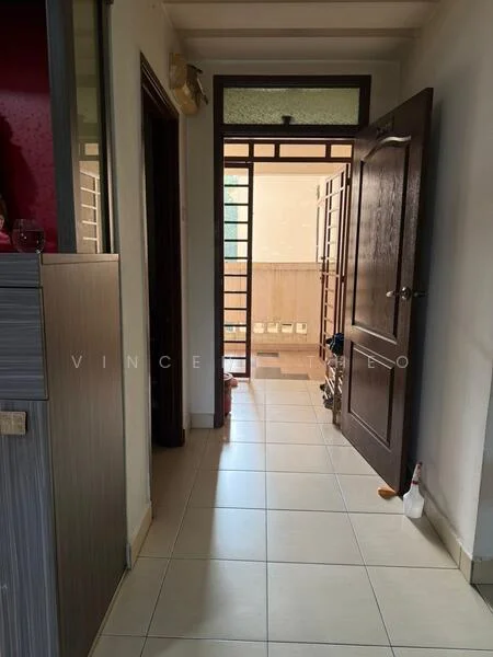 Room features: white painted walls, tile flooring, wooden door, glass panel door, natural light from entrance, open layout, neutral color scheme, door frame, window with grille; style: modern.
