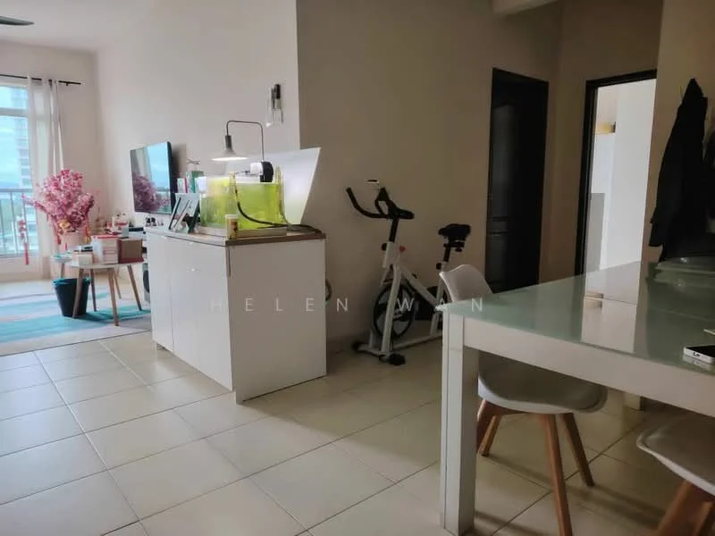 Living features: white painted walls, tile flooring, floor-to-ceiling windows, light-colored curtains, TV console, wall-mounted TV, exercise bike, aquarium, dining table with chairs, area rug, ceiling fan, decorative plants; style: modern; view: city.