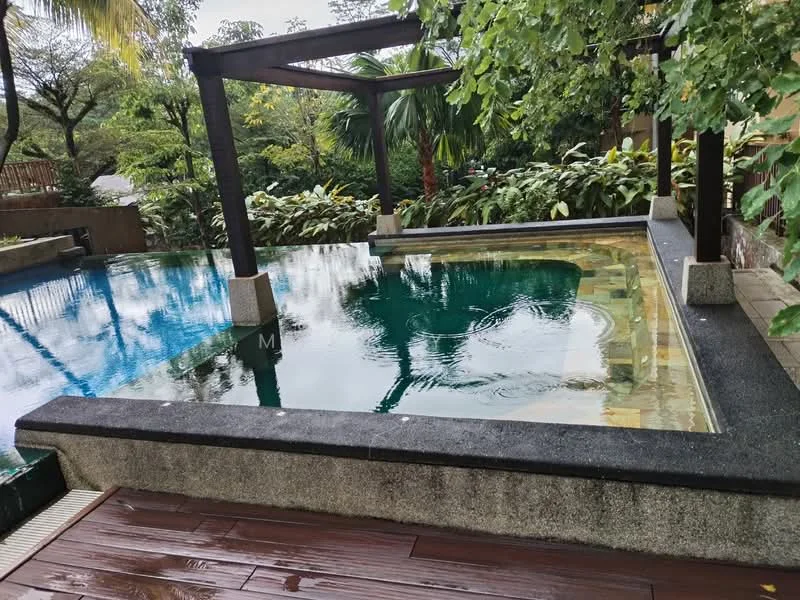 Exterior type: swimming pool deck; features: infinity edge pool, surrounded by tropical landscaping, wooden deck, stone-clad pool edge, pergola structure, lush greenery, potted plants, water feature, natural stone flooring; style: tropical-modern.