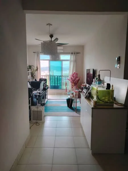 Living features: floor-to-ceiling windows, sliding glass door, white walls, ceramic tile flooring, 5-blade ceiling fan with light, recessed downlights, area rug, greenery in pots, decorative plants, TV console, coffee table, open shelving, wall-mounted TV; style: modern; view: city. Room features: white painted walls, ceramic tile flooring.