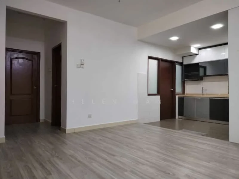 Living features: laminate flooring, white painted walls, recessed downlights, open layout, doorway to hallway, doorway to kitchen, neutral color scheme, large windows; style: modern. Kitchen features: laminate cabinetry, stainless-steel sink, built-in oven, ceramic tile backsplash, countertop with space for appliances, recessed downlights; style: modern. Room features: doorway, white painted walls, laminate flooring.