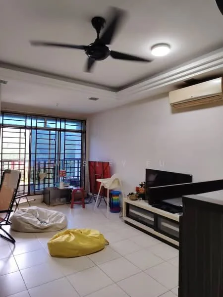 Living features: white painted walls, tile flooring, 5-blade ceiling fan with light, recessed ceiling lights, wall-mounted TV, TV console, bean bag chairs, decorative shelving unit, air conditioning unit, large windows with metal grilles; style: modern.