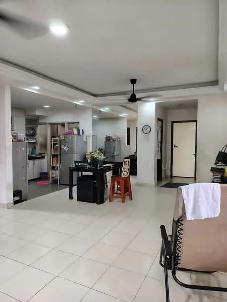 Living features: white painted walls, tile flooring, recessed downlights, 5-blade ceiling fan, dining table, plastic chairs, open layout, kitchen area visible, grey refrigerator, kitchen cabinets, clock on wall, doorway leading to other room; style: modern. Kitchen features: grey cabinets, stainless-steel fridge, open shelving, tile backsplash; style: modern.