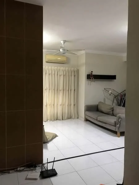 Living features: white tiled flooring, cream painted walls, 5-blade ceiling fan, wall-mounted air conditioning unit, sofa in light grey fabric, curtains in beige, TV console, decorative wall shelf; style: modern. Room features: brown tiled wall, visible wiring on the floor.