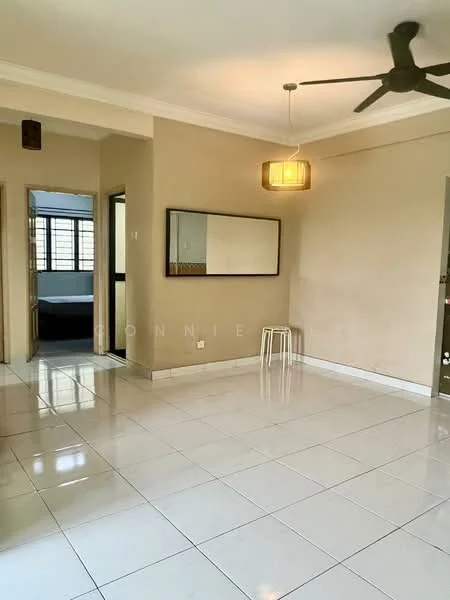 Living features: white painted walls, glossy ceramic tile flooring, tray ceiling, ceiling fan, pendant light, large mirror on wall, two stools, doorway leading to other rooms, window with grid pattern, neutral color scheme; style: modern.