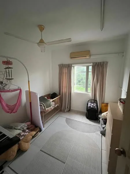 Bedroom features: white painted walls, tile flooring, 5-blade ceiling fan, floor-to-ceiling window, sheer curtains, light-colored area rug, crib, storage cabinet, luggage, decorative mobile, air conditioning unit; view: garden.